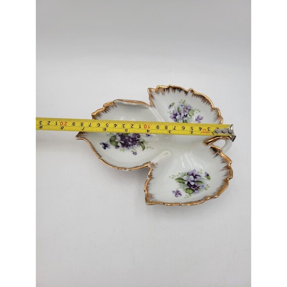 Vintage Kelvin China Leaf Shape Candy Nut Dish Purple Flowers Gold Trim - Picture 9 of 9